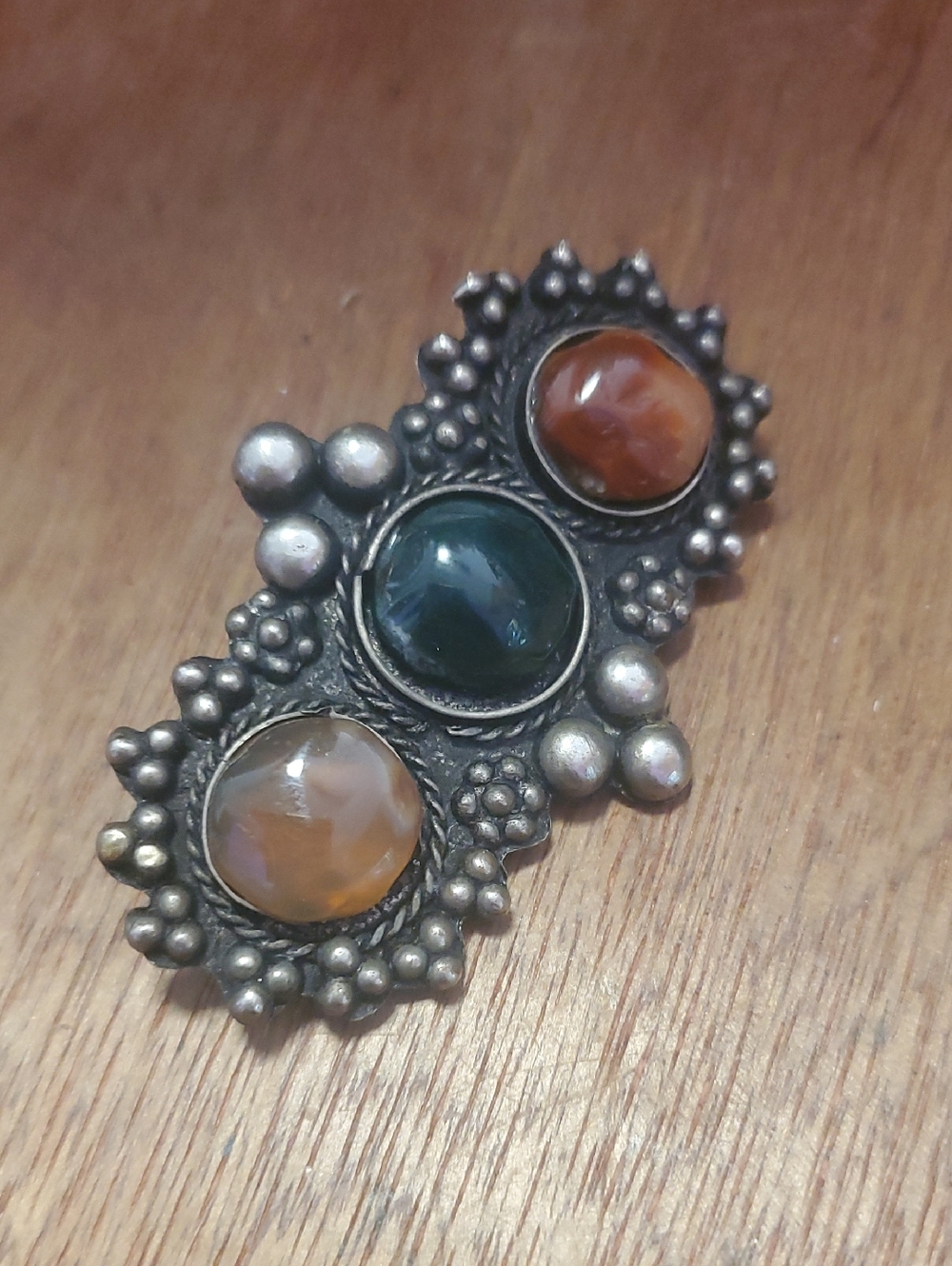 Handcrafted Silver Brooch with Green and Amber Stones